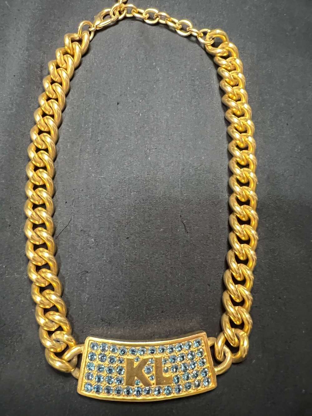 Karl Lagerfeld Gold Chain Necklace with Blue Crystal KL Plate